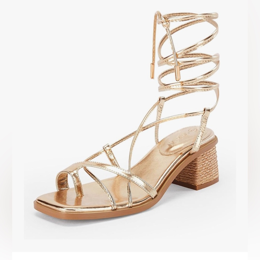 5/$35 Women’s gold heels thong gladiator flat sandles with block heel size 7.5